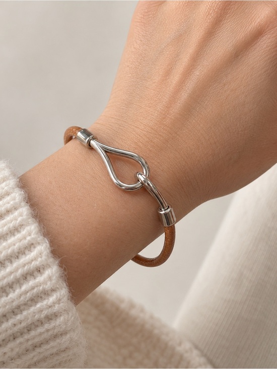 Accessories - Hermès Vintage Jumbo Hook Brown Leather Palladium Bracelet